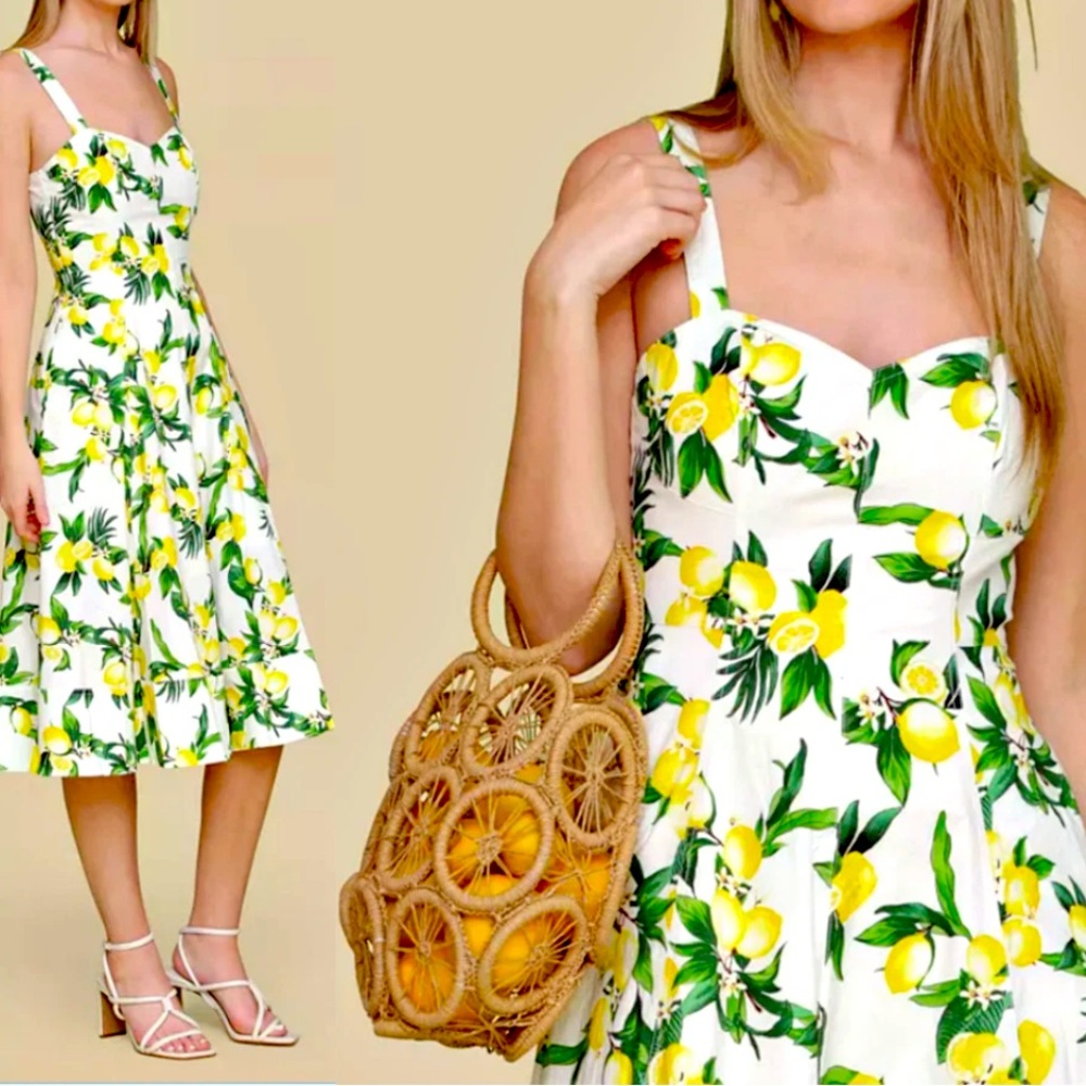New Avec Les Filles Lemon Print Pockets Cotton-Blend Sweetheart Midi Dress - Picture 1 of 11